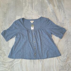 UpWest Womens XS Blue Button Down Oversized Cropped Blouse Babydoll Silhouette